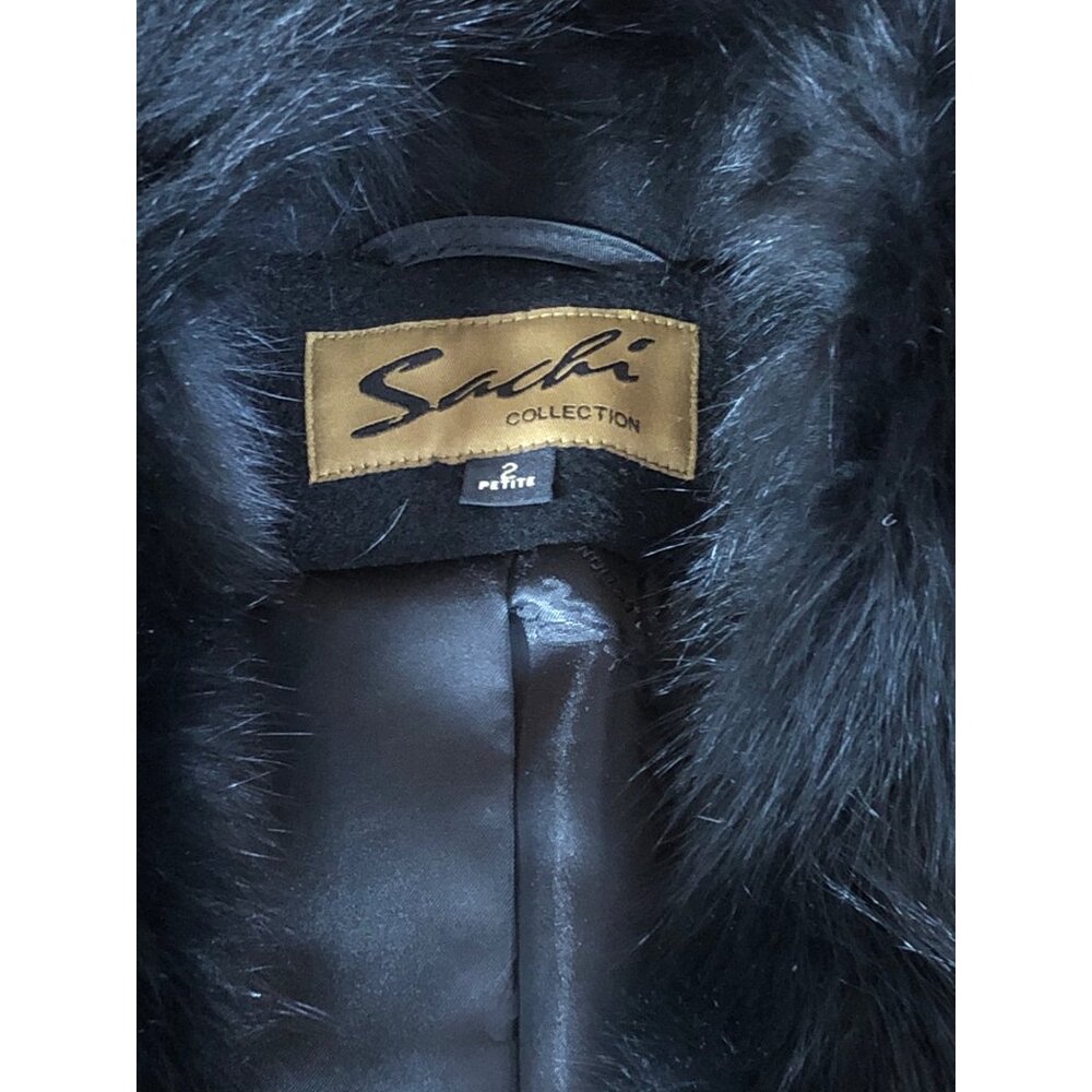 Sachi Coat Long Black Wool Cashmere Womens 2P Fox Fur Button Elegant Seams - Picture 7 of 16